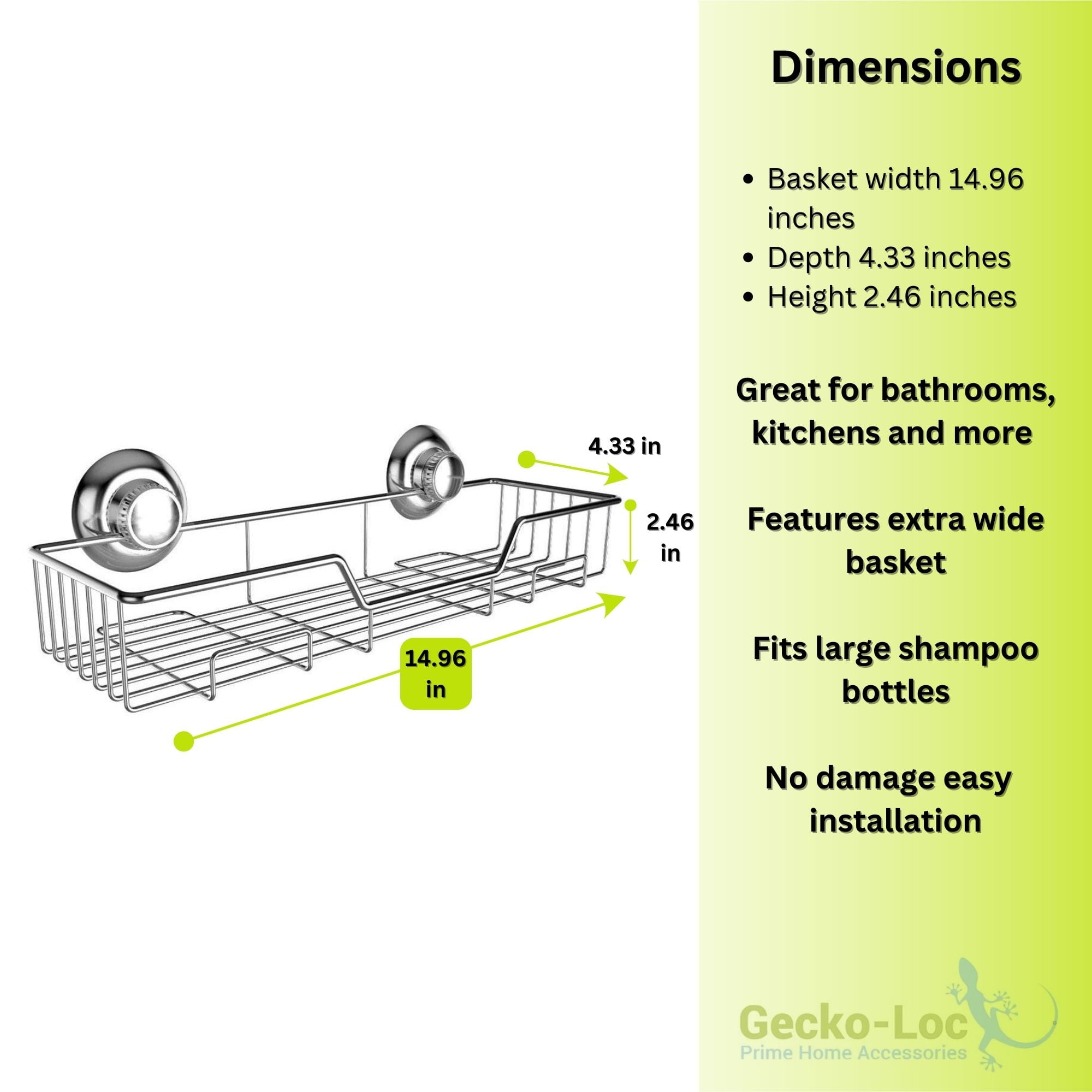 Gecko-Loc Suction Cup Shower Caddy Bath Organizer – Bathroom Storage Basket  (Silver, Deep) – Gecko-Loc
