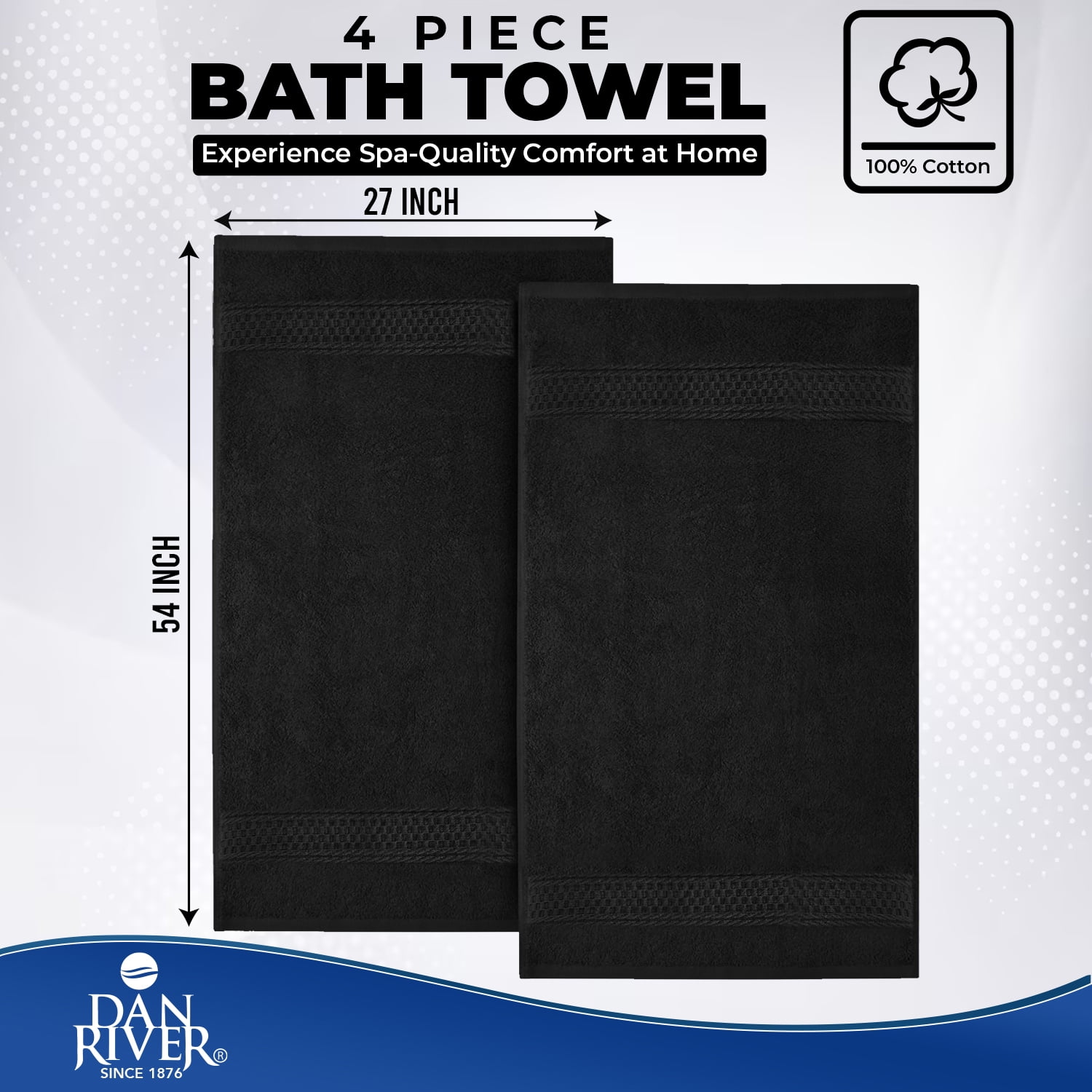 Dan River Bath Towel 4 Pack 27x54 in Ultra Soft Quick Drying Cotton Towel - Black