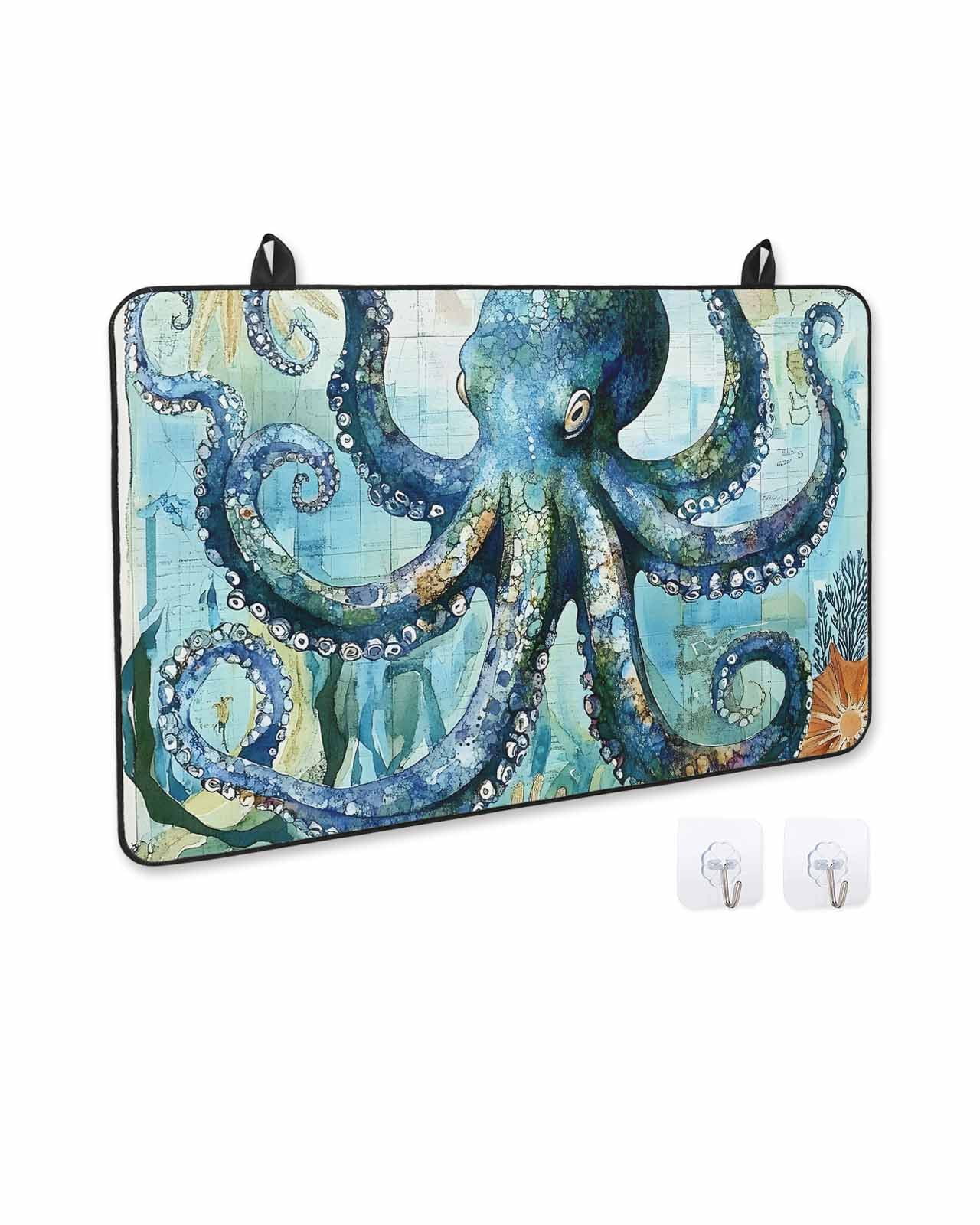 nqOlkjepod Large Induction Cooktop Protector Mat 36"x21", Ocean Blue Octopus Stove Top Covers for Electric Stove, Summer Watercolor Vintage Coral Stove Burner Cover Mats, Glass Top Stove Cover
