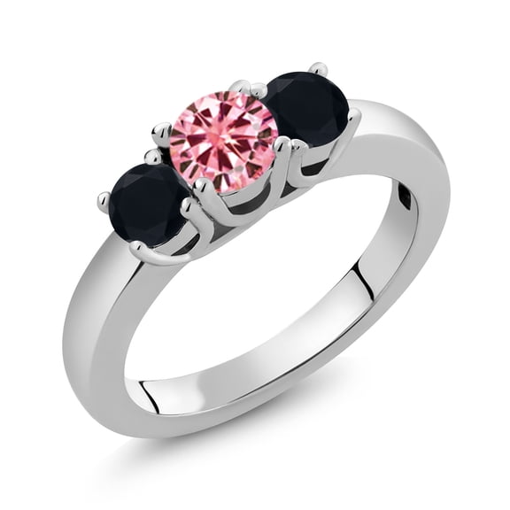 Gem Stone King 925 Sterling Silver 3-Stone Ring Round Pink Moissanite and Onyx Black (0.94 Cttw, Size 8)