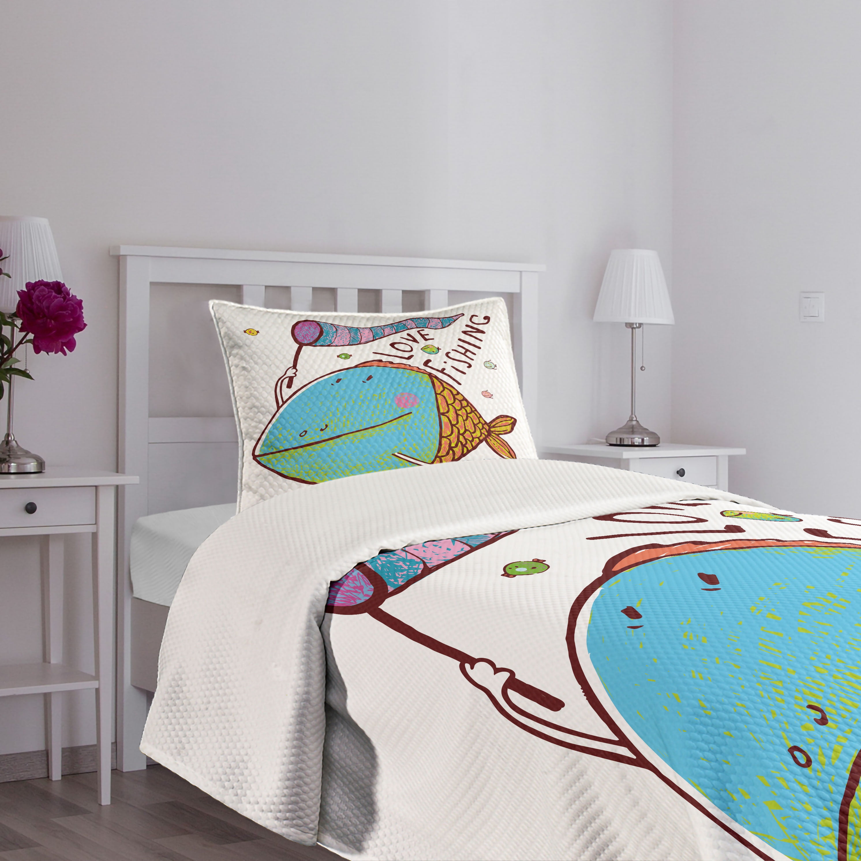 Fishing Bedspread Set Queen Size, Kids Cute Large Fat Fish Holding