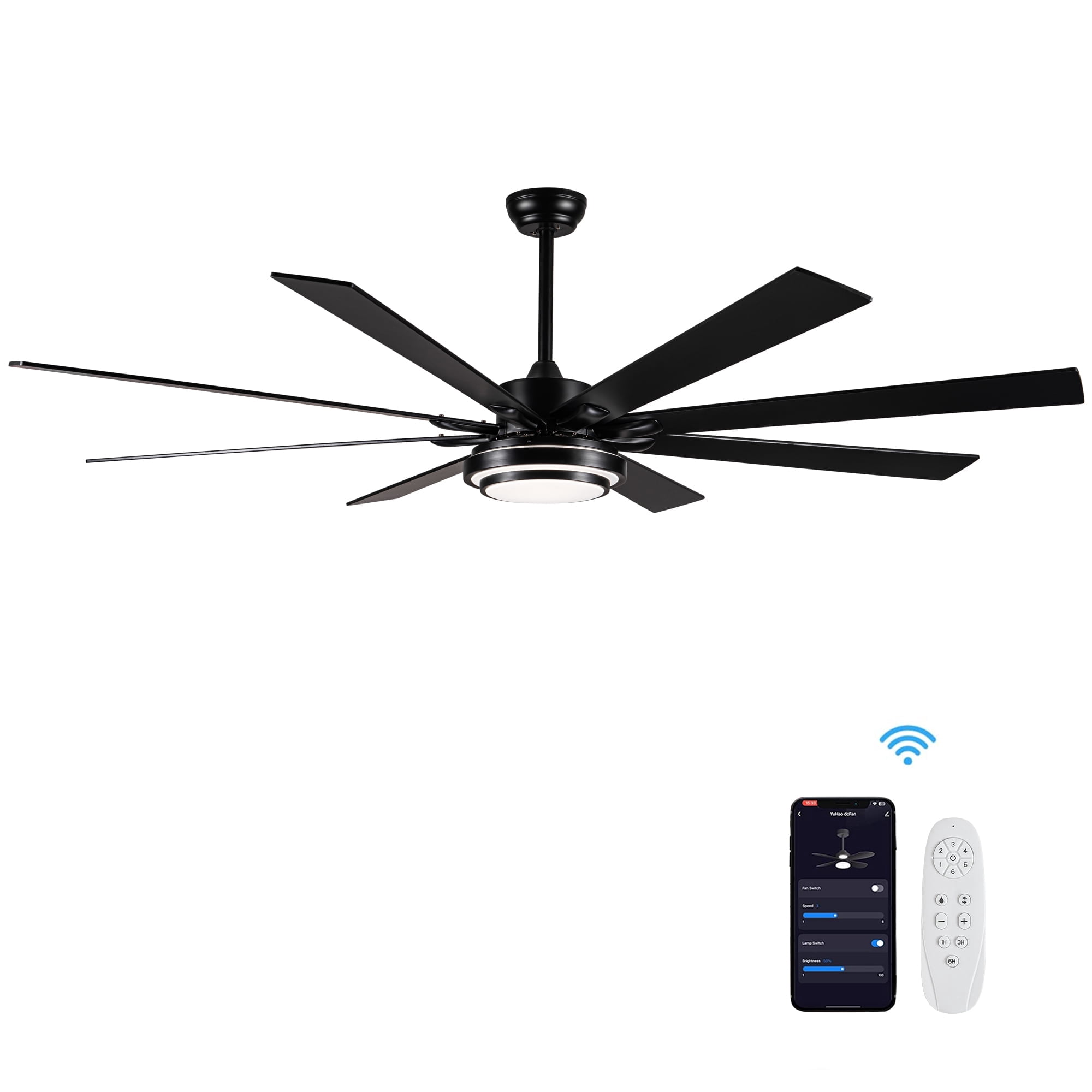 Wellspeed 72 in. Large Ceiling Fan with 8 Blades and Remote, Modern Contemporary Indoor, Black