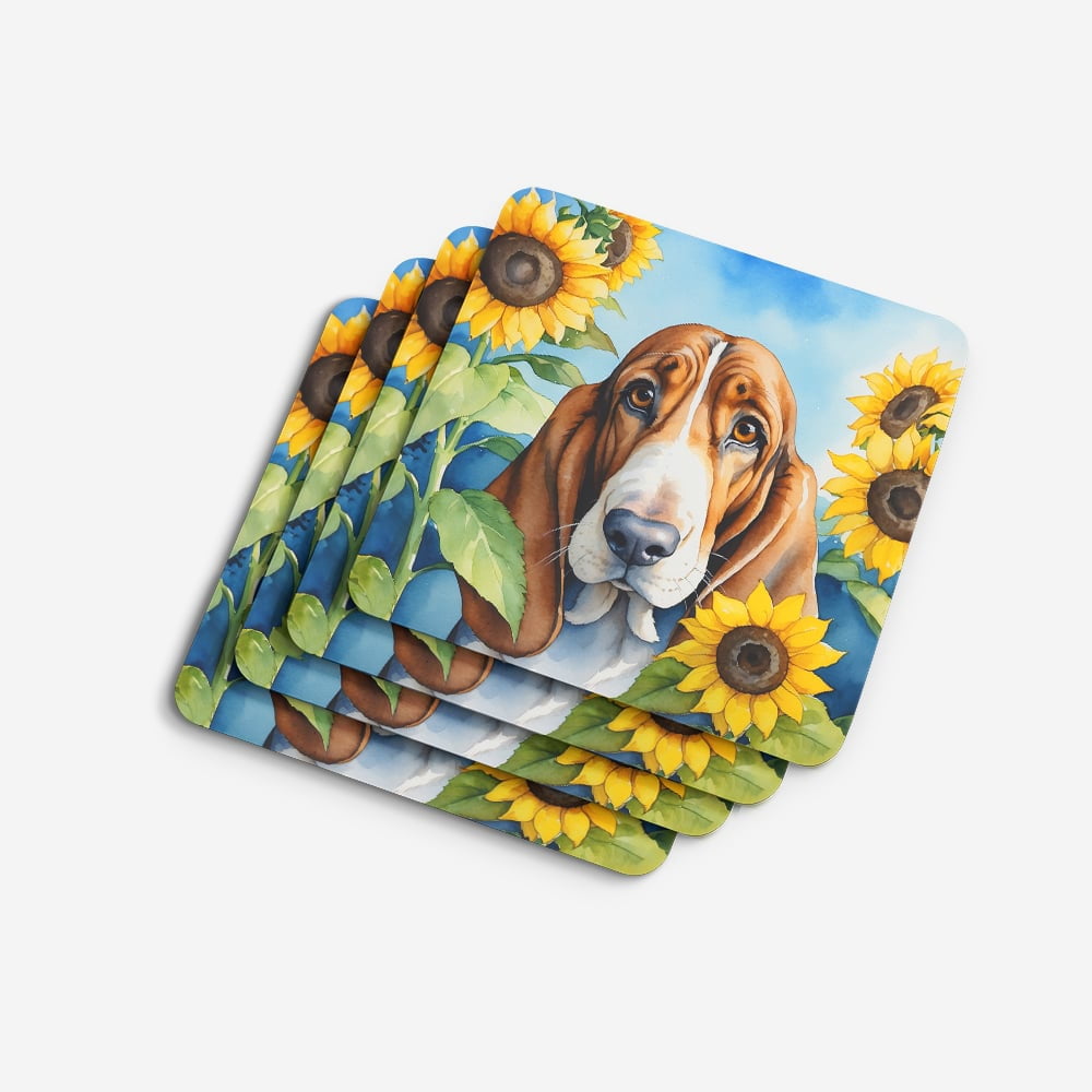 Basset Hound in Sunflowers Foam Coasters 3.5 in x 3.5 in