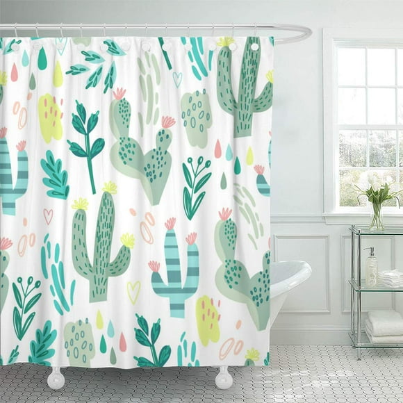 SUTTOM Blue Cactus Wonderful Cacti Pattern in Lovely Graphic White Shower Curtain 60x72 inch