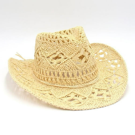 TELOLY Cowgirl Hat Wide Sun Straw Hat for Women and Men Foldable Casual Cowboy Hats for Women and Men Beige
