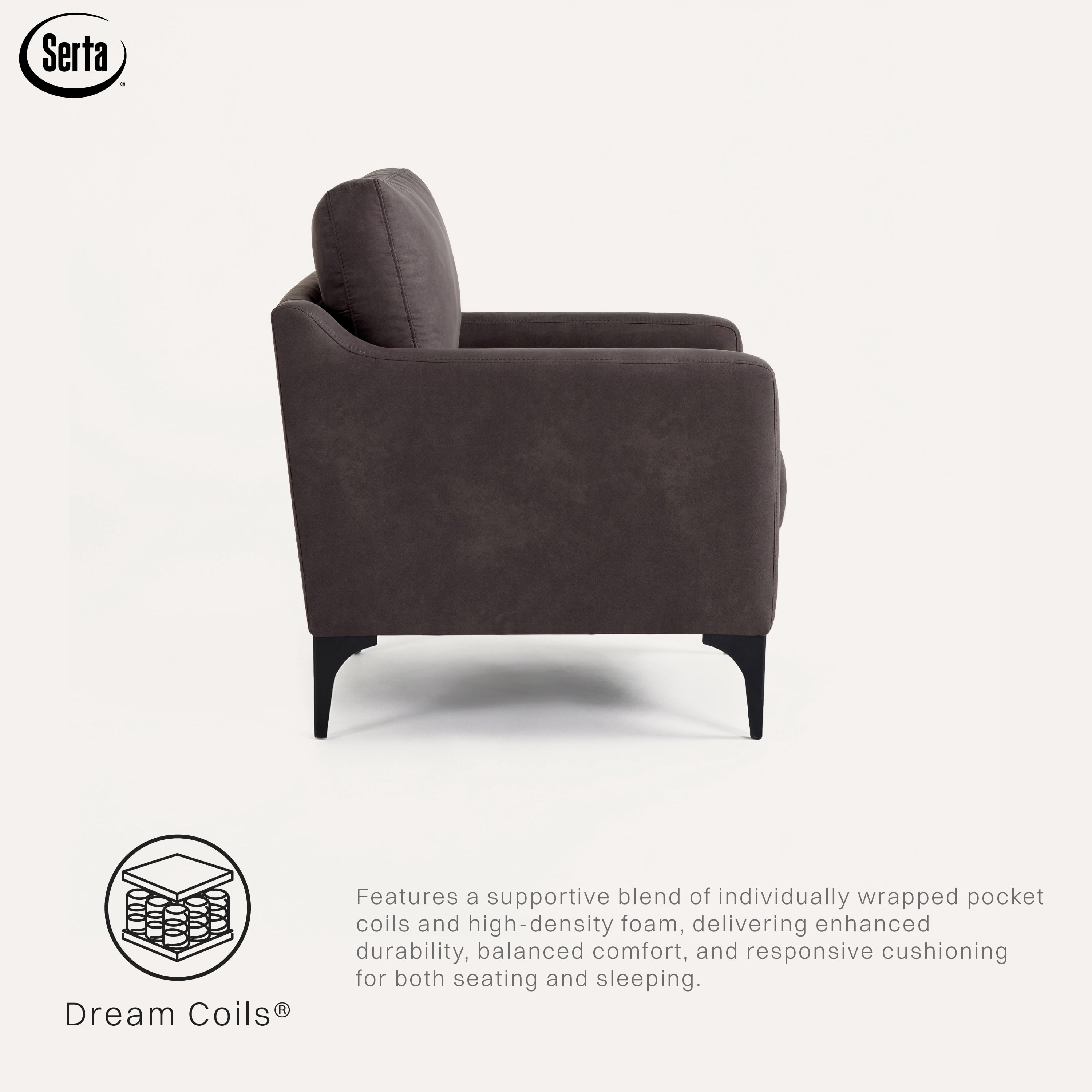 Serta Hemsworth Mid-Century Modern Style 2 Seater Indoor Loveseat, Charcoal Faux Suede