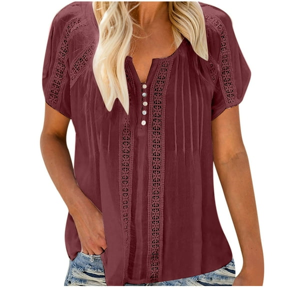 asdoklhq Juniors Plus Tops & T-Shirts,Women Solid V-Neck Lace Crochet Eyelet Short Sleeve Casual Shirts Blouses Tops