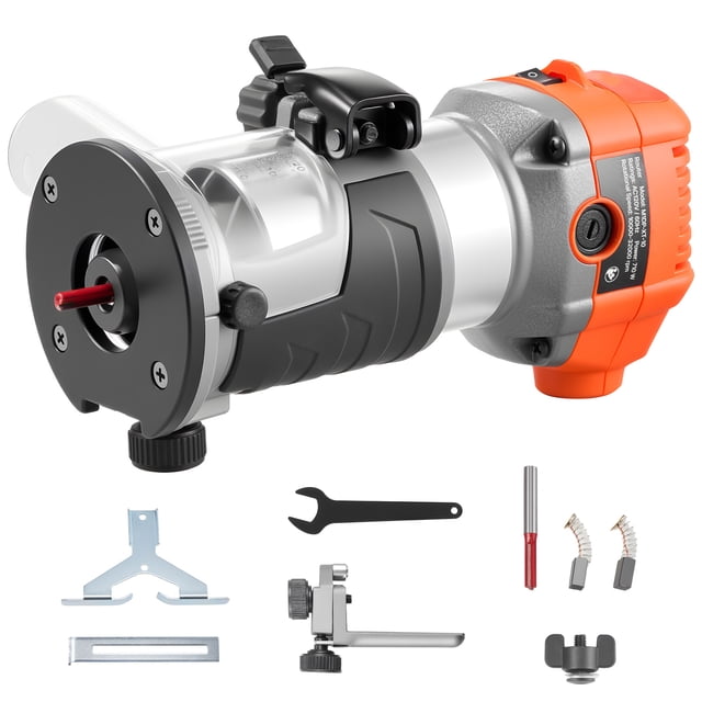 KFFKFF Wood Router, 1 HP 710W, Variable Speed Palm Router Tool with Soft Start, Compact Wood Edge Trimmer with Fixed Base & 1/4-Inch Collet, Dust Hood