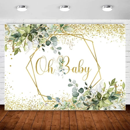 Image of Greenery Oh Baby Baby Backdrop Glitter Gold Eucalyptus Neutral Baby Photography Background Green