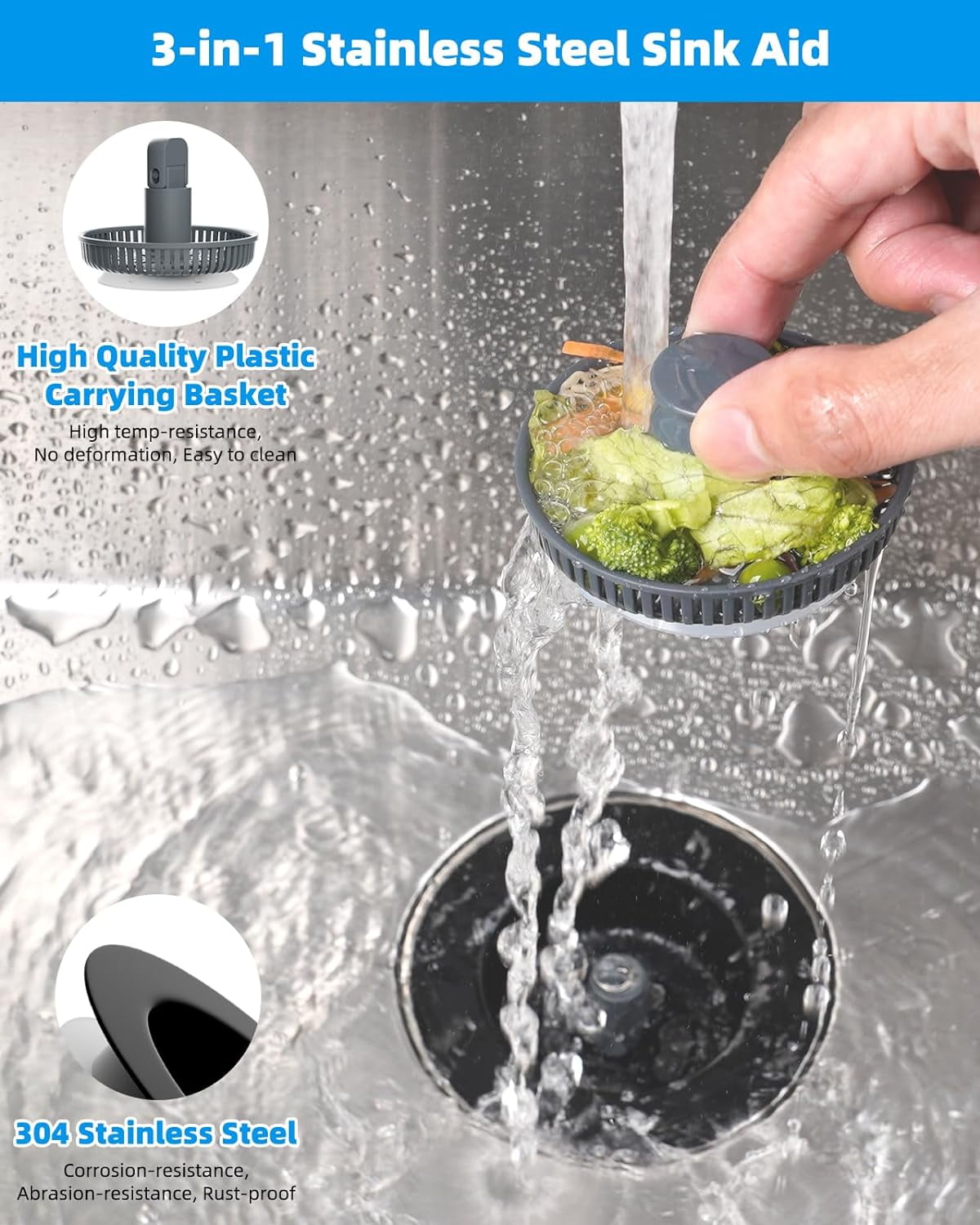 2 Pack 3 in 1 Kitchen Sink Drain Strainer and Stopper Combo, Stainless Steel Metal Pop Up Sink Stopper, Anti-Clogging Basket Strainer with Handle for US Standard 3-1/2 Inch Drain, Black