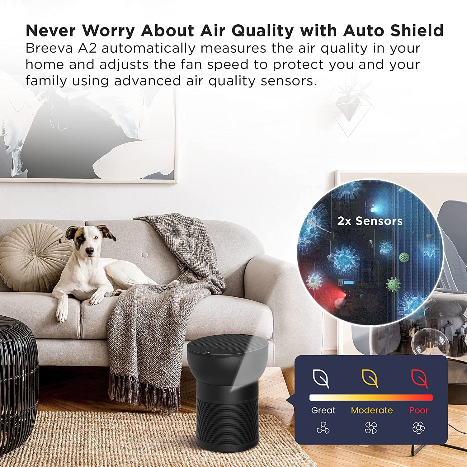 TCL Breeva A2 Wi-Fi Smart Air Purifier and Humidifier, Up to 882 Sq Ft, 4-Stage True HEPA (H13), Removes 99.97% of Dust/Bacteria/Odors & More, App & Voice Control, Auto Shield, Quiet, Black
