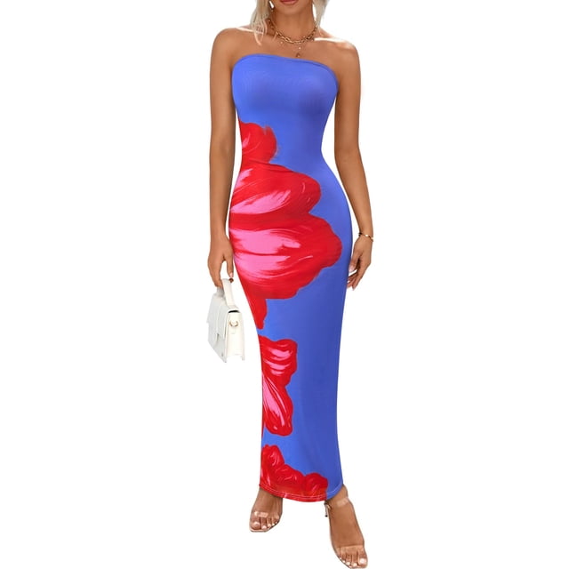 Vestido largo PRETTYGARDEN para mujer, sin tirantes, con estampado floral