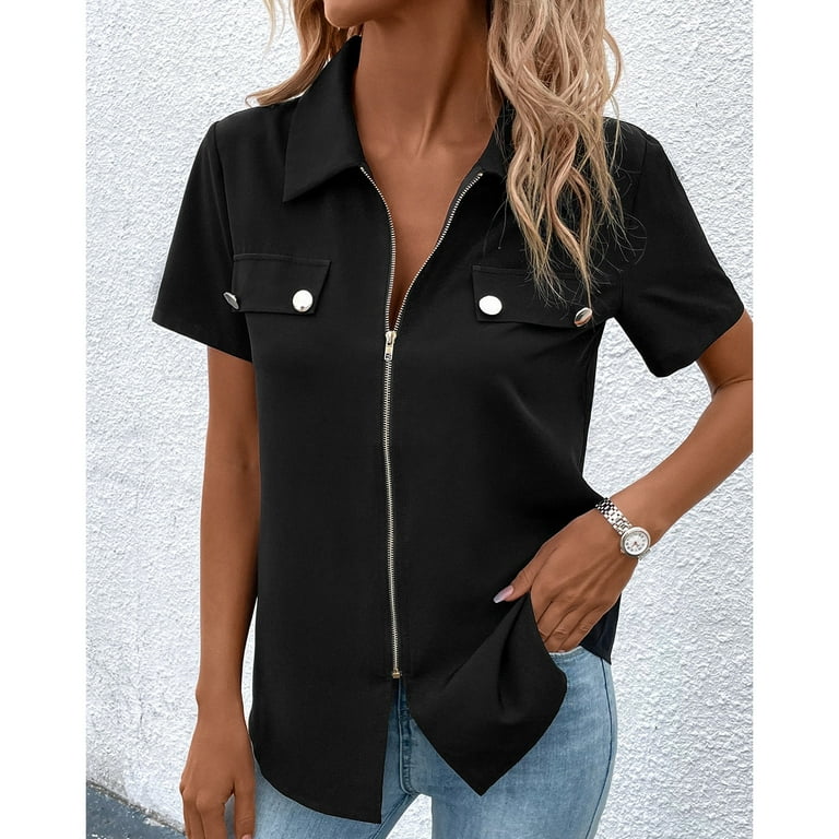 Women Zip Up Casual Top Short Sleeve Pure Color Turn Down Collar