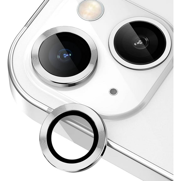Camera Lens Protector for iPhone 14 / iPhone 14 Plus, Strong Adsorption 9H Hardness Tempered Glass Camera Screen Protector Individual Metal Ring Cover, Case Friendly (Silver)