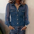thumbnail image 2 of KLHDSF Denim Shirt Women Button Down Mesh Long Sleeve Jean Shirts Chambray Pearl Snap Shirt, Trendy Spliced Jean Tops, Chest Pockets, Daily Wear Dark Blue XL, 2 of 7