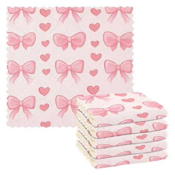 6 Pieces of Kitchen Towels 11x11Inch Kitchen Dish Cloths Kitchen Dish Towels Reuseable Cleaning Cloths Pink Bow