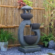 Water Fountain Tranquil Zen Pagoda Waterfalls Fountains Bowl with LED Lights for Patio Yard Porch Pool Decor
