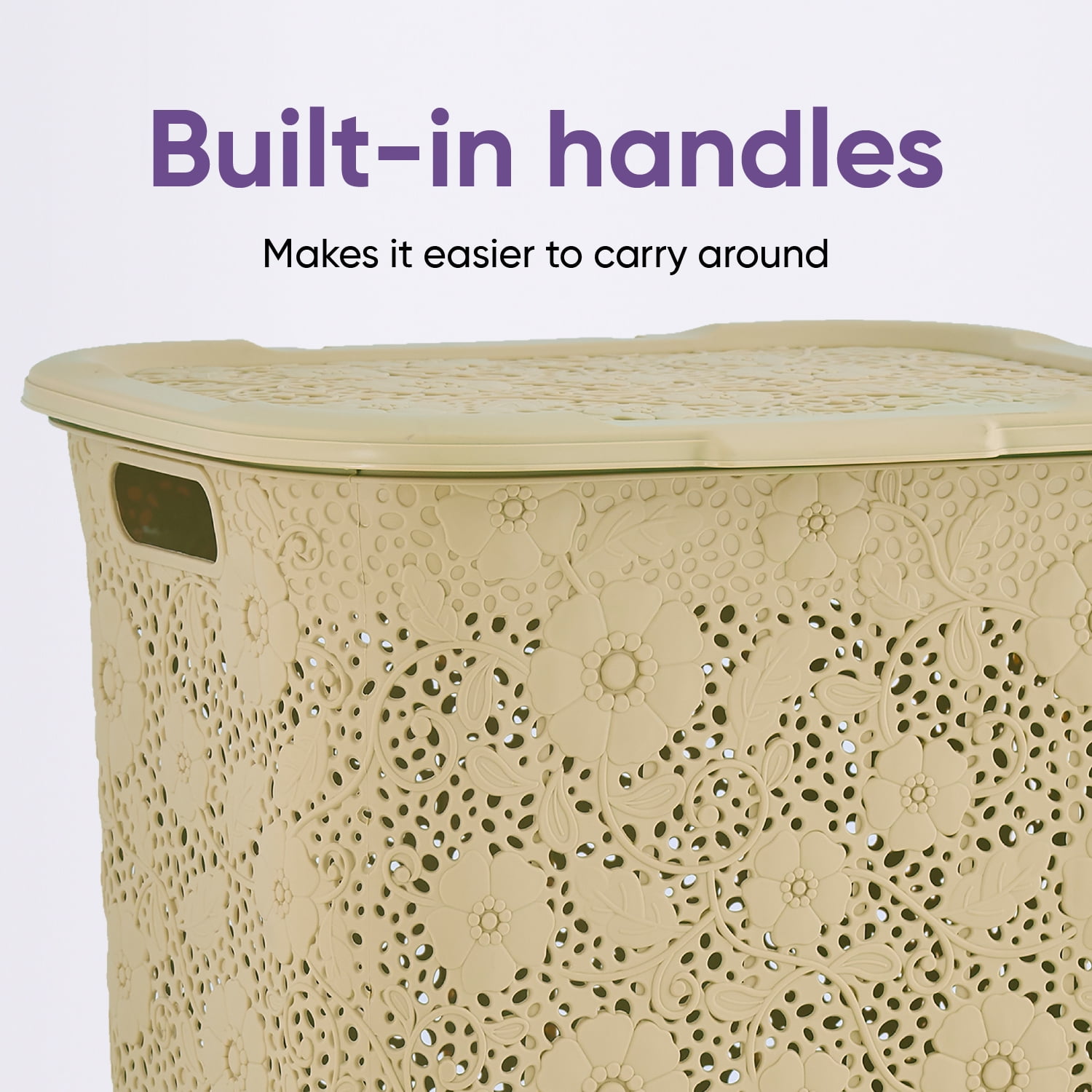 Superio 50L Large Lace Plastic Laundry Hamper with Lid - Beige (2 Pack)