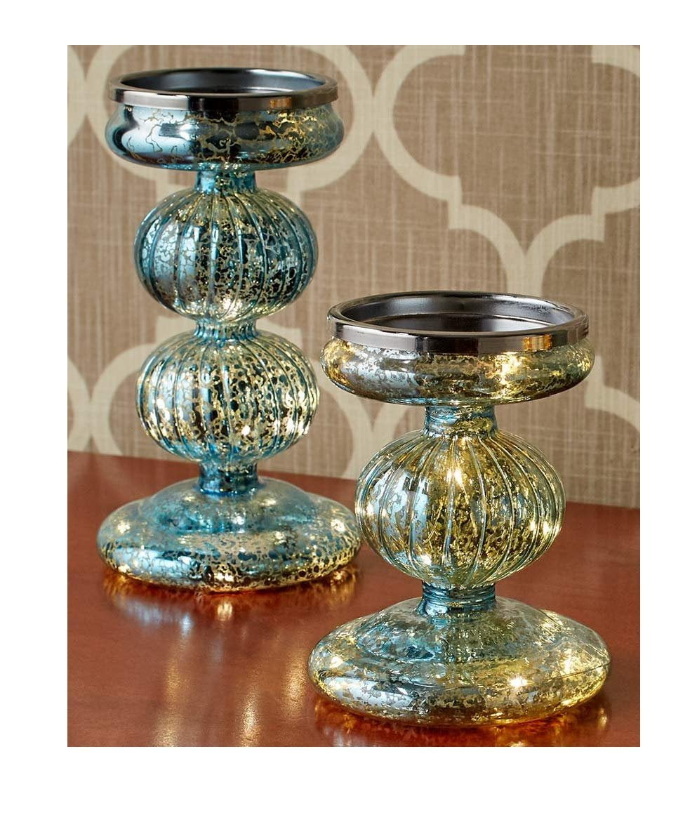 Set Of 2 Lighted Mercury Glass Candle Holders Pillars Led Fairy Lights Home Decor Gift Idea Blue Home Decor Home Kitchen
