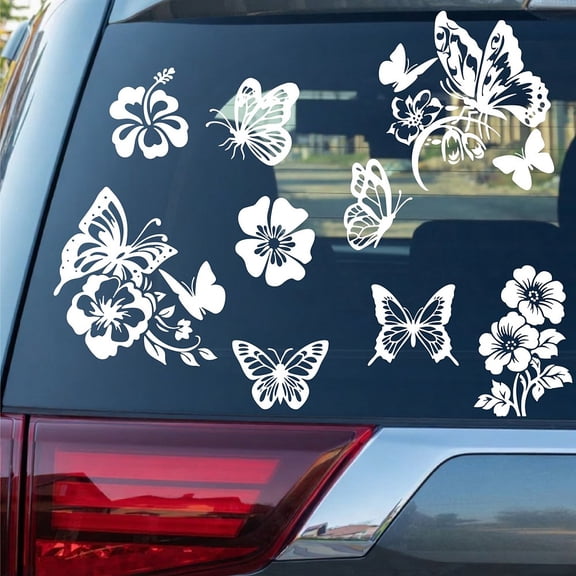 4Pcs 4 Styles White Butterfly Car Sticker Hibiscus Car Decal Reflective Bike Stickers PET Waterproof Self Adhesive for