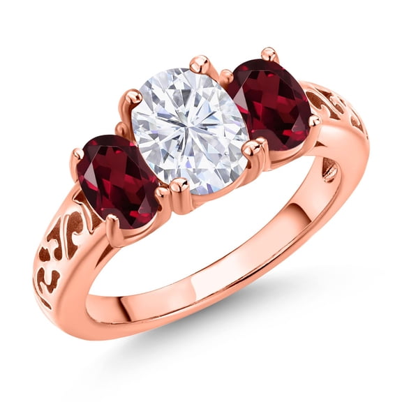 Gem Stone King 18K Rose Gold Plated Silver White Moissanite and Red Rhodolite Garnet Filigree Style 3 Stone Ring for Women (2.50 Cttw, Oval 8X6MM and 6X4MM) (Size 5)