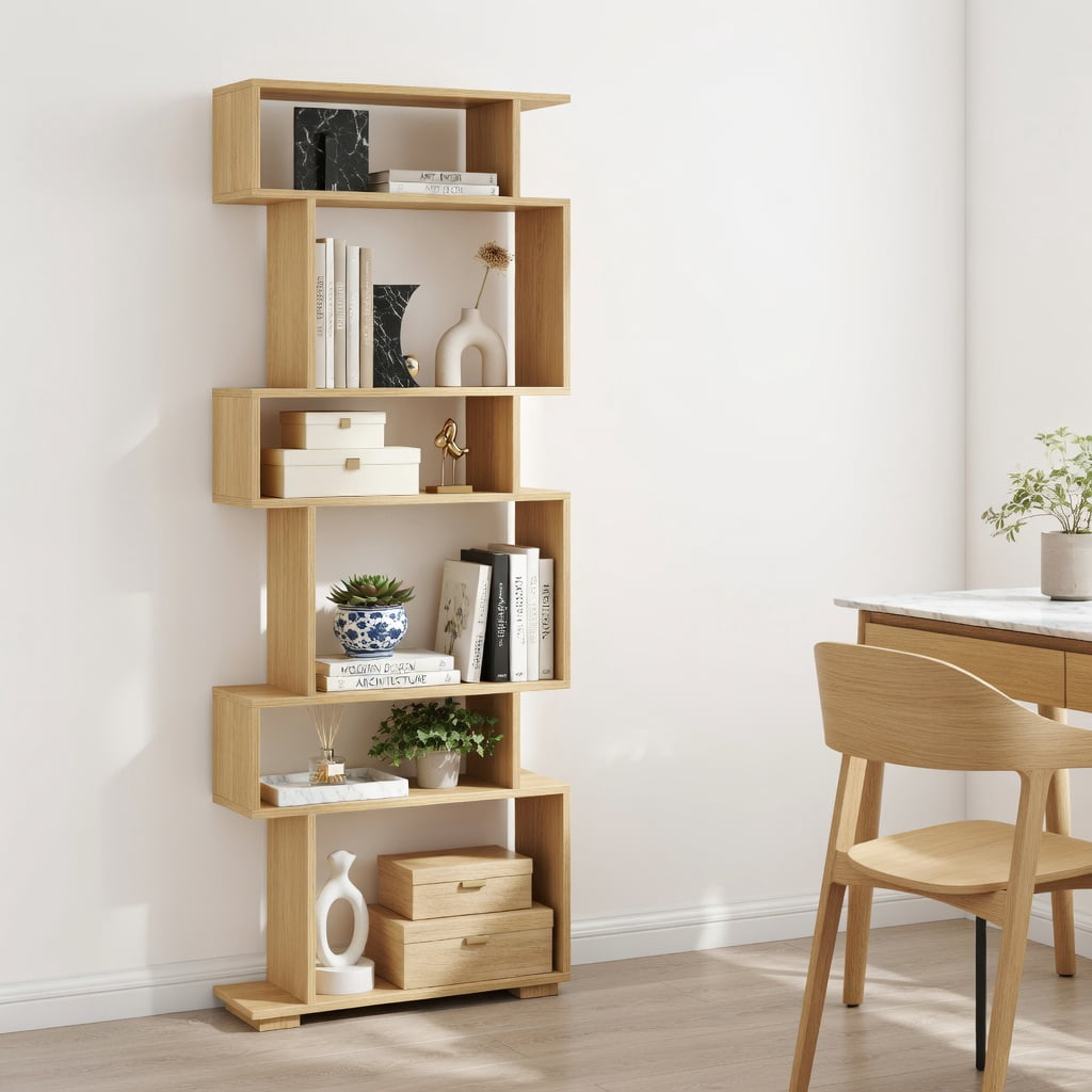 GVN 6-Tier Geometric Open Bookshelf Stylish Modern Display Bookcase with 2 Anti-Tipping Kits Stable Structure for Home Office Study Living Room Storage Furniture, Wood