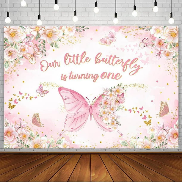 Fondo de mariposa para feliz primer cumpleaños para niñas. Nuestra pequeña mariposa cumple un año. Decoración para fiesta temática. Mariposa floral rosa ruborizada, fondo de fotografía con purpurina