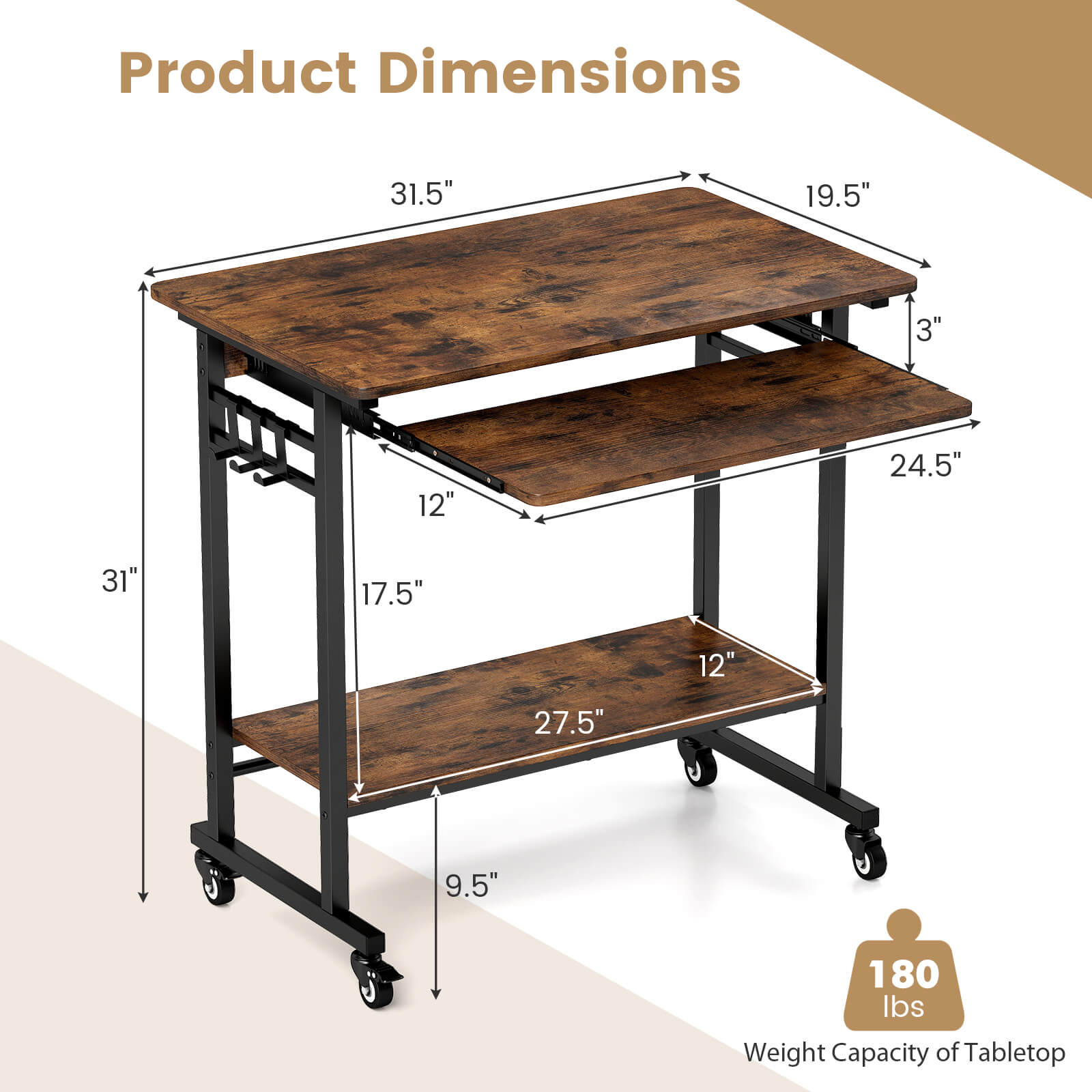 Costway Mobile Laptop Desk with Keyboard Tray, Lower Shelf, 3 Hooks, 4 Universal Wheels Rustic Brown