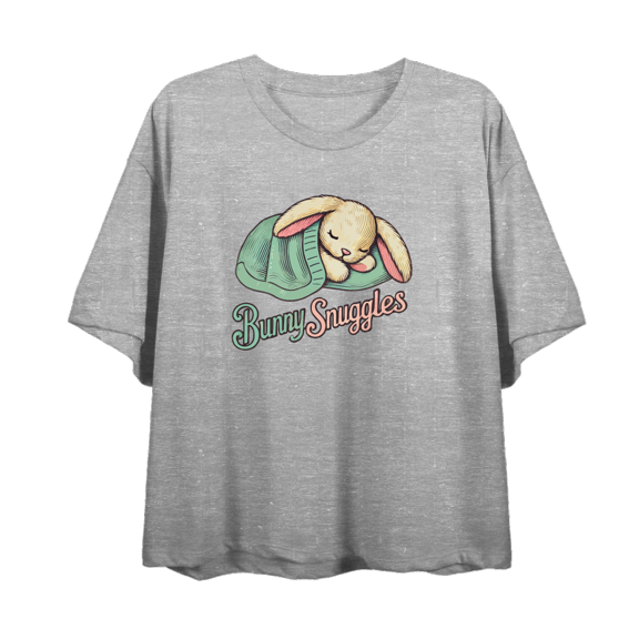 Bunny Snuggles Women's Heather Gray Crew Neck Short Sleeve Crop Tee-XL