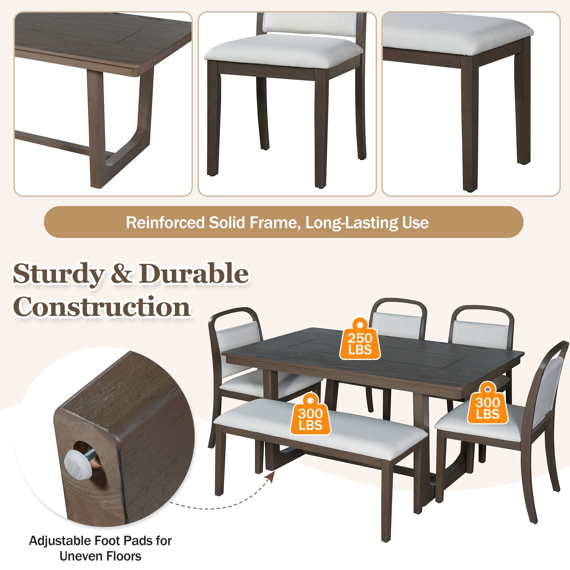 6-Piece Dining Table Set for 6, 60" Rectangular Dining Table with 4 Upholstered Chairs and 1 Bench