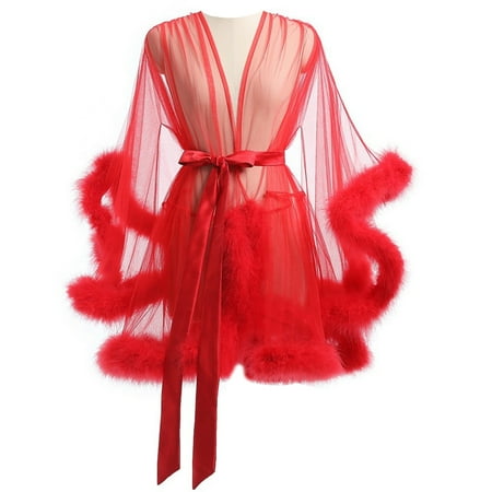 Ywmsfl Luxurious Women s See Through Mesh Kimono Robe Furry Trim Long Sleeve Chemise Dressing Gown Sheer Lingerie Sleepwear