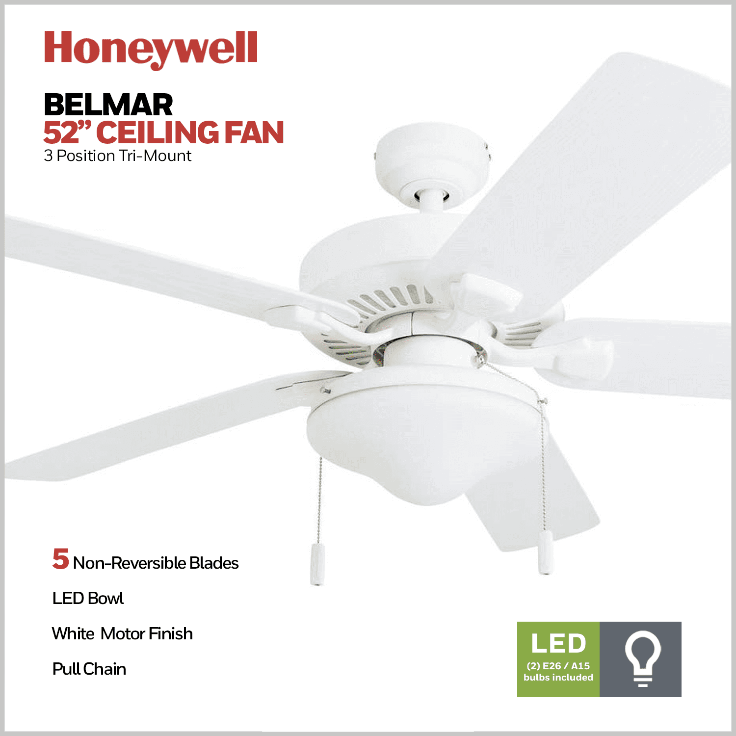 Honeywell Belmar 52" White Indoor/Outdoor Ceiling Fan with 5 Blades, Light Kit, Pull Chains & Reverse Airflow