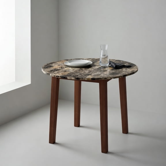 Topcobe 35 Inch Round Dining Table with Rubber Wood Legs and Marble-textured Veneer Tabletop, Modern Furniture for Indoor, Table for Living Room-Brown