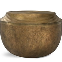 JERFIT Cast Aluminum Coffee Table, 40 Inch Round Drum Cocktail Table with Textured Antique Brass Finish for Living Room, Patio, Garden