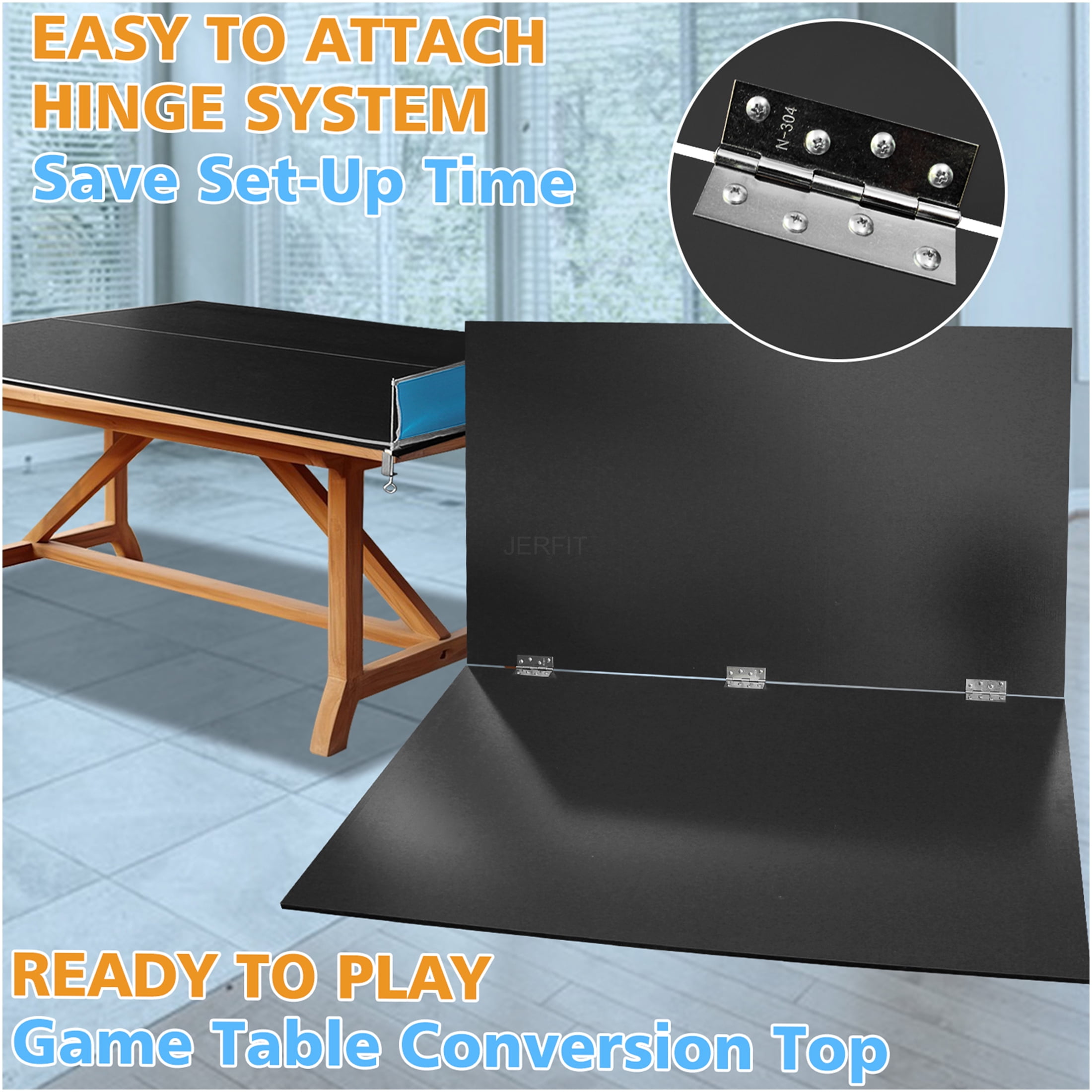 JERFIT 8ft Foldable Ping Pong Table Top, Portable MDF Conversion Top for Indoor Outdoor Table Tennis Games, Includes Net & Posts, Black
