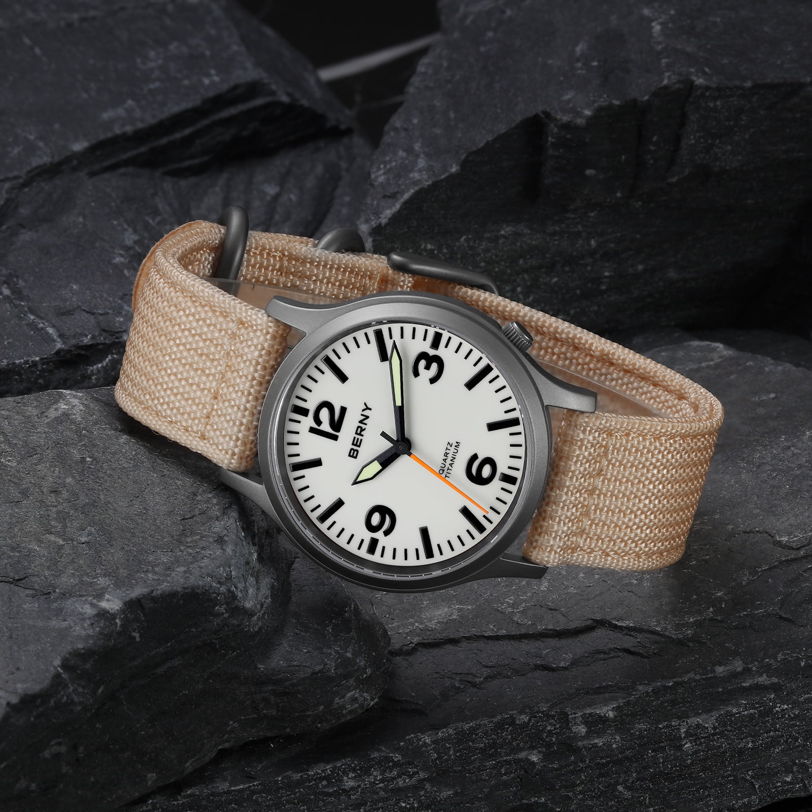 BERNY Watches for Men Military Sport Nylon Strap Titanium Field Watch with Sapphire Crystal Luminous Fashion Analog Quartz Watch Easy to Read 50M Waterproof Army Tactical Casual Wristwatch (White)