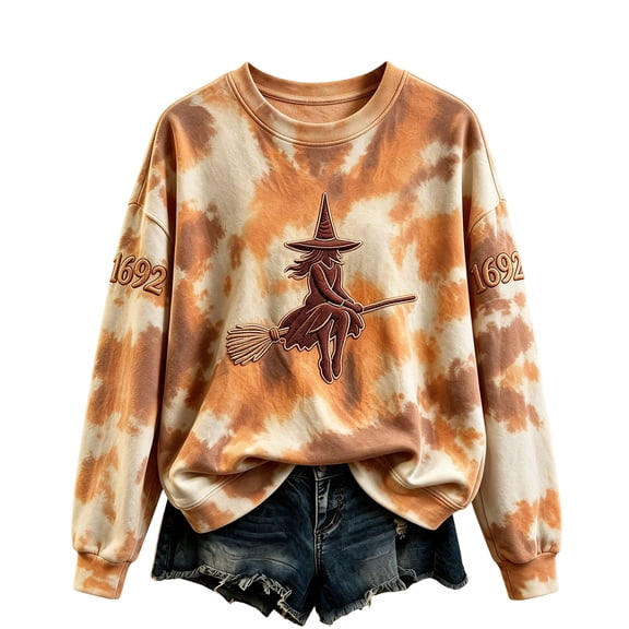 Womens Vintage Crew Neck Sweatshirt Long Sleeve Full Moon Witch Graphic Pullover Relaxed Fit Casual Fall Halloween Tops Earthy Yellow XXL