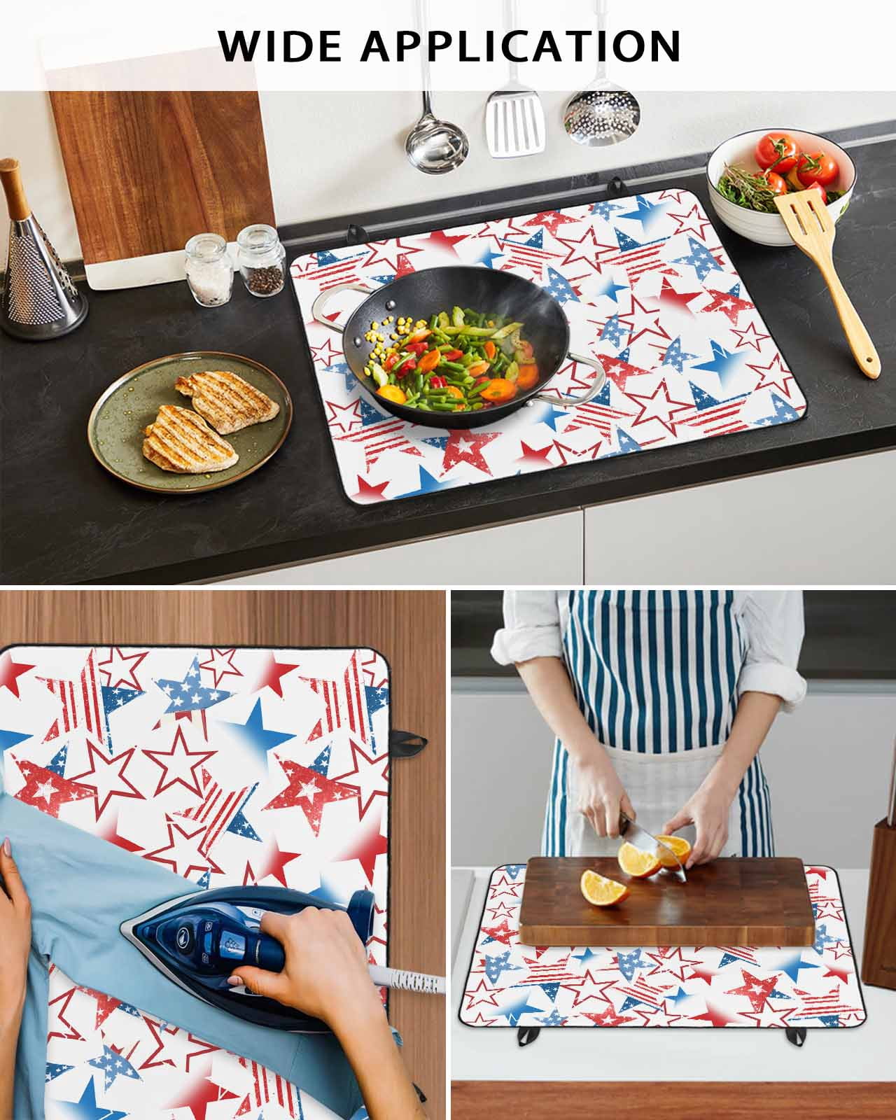 nqOlkjepod Large Induction Cooktop Protector Mat 36"x21", 4th of July Stove Top Covers for Electric Stove, Navy Blue Red Star Independence Day Stove Burner Cover Mats, Glass Top Stove Cover