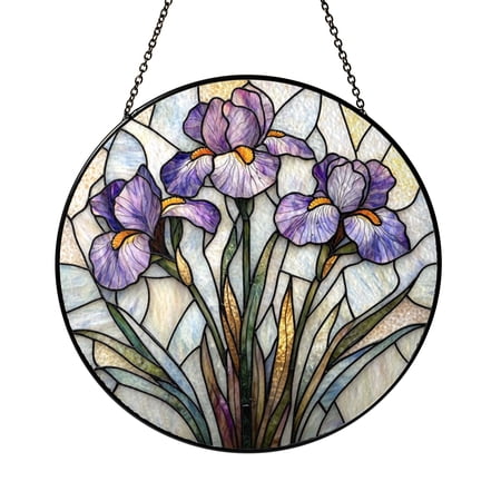 Iris Flower Stained Glass Style Suncatcher Window Hanging Decor Botanical Floral Decorative Glass Panel Art Window Ornament Garden Inspired Home Decor Gift