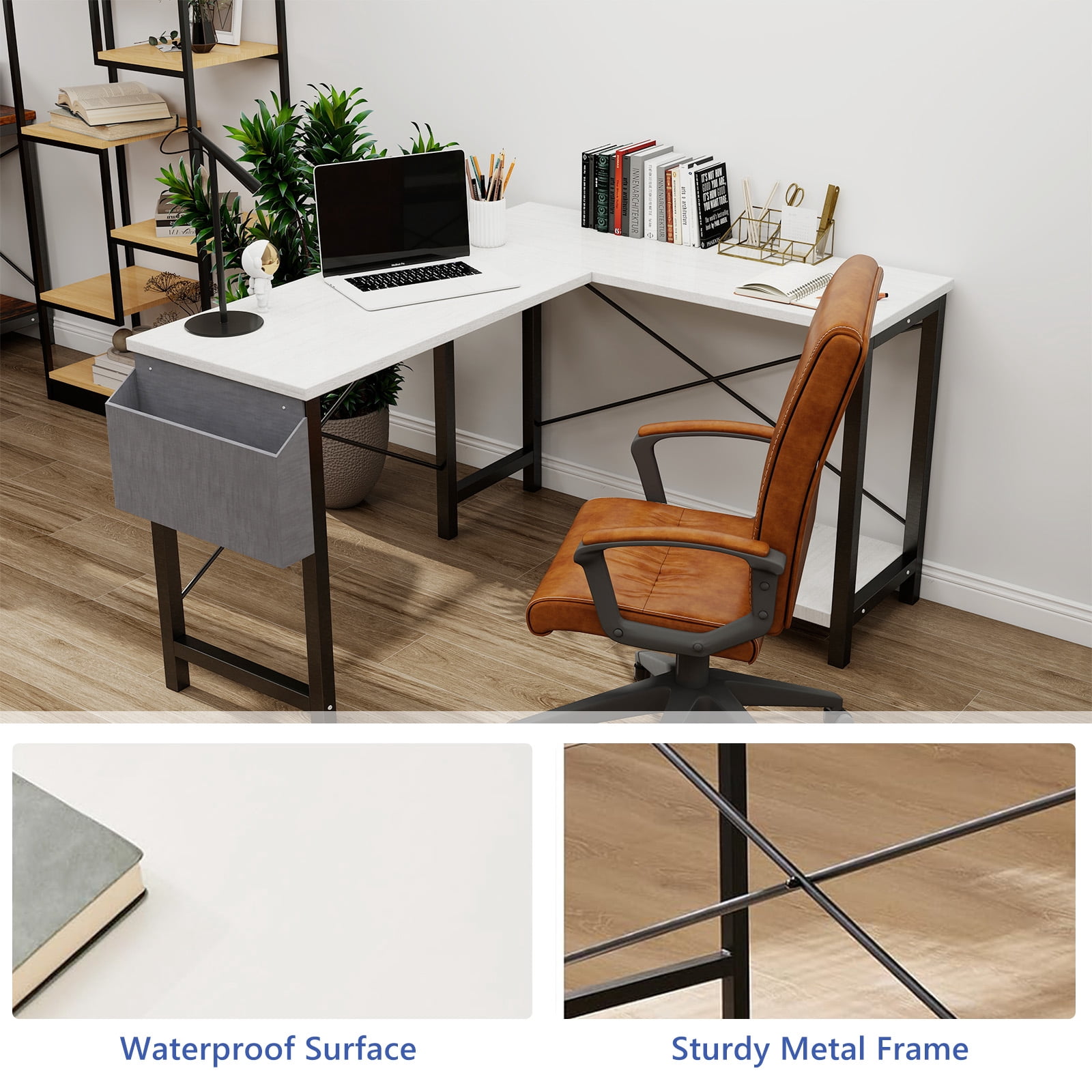 L Shaped Desk, 50 inch Reversible Corner Computer Desk with Storage Shelf & Side Bag, Home Office Working Workstation Gaming Table, White