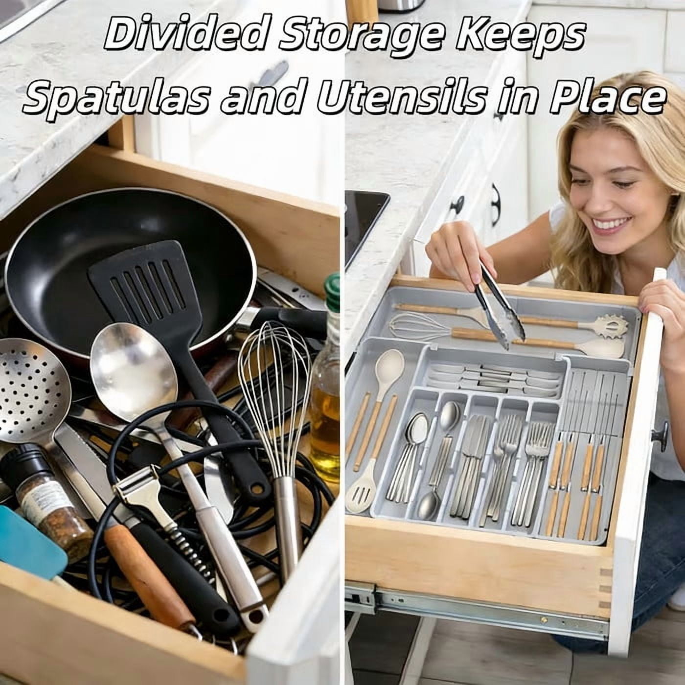Silverware Drawer Organizer for Kitchen, Adjustable Utensil Drawer Organizer, Bpa Free Flatware and Cutlery Holder, Expandable Plastic Storage Gray