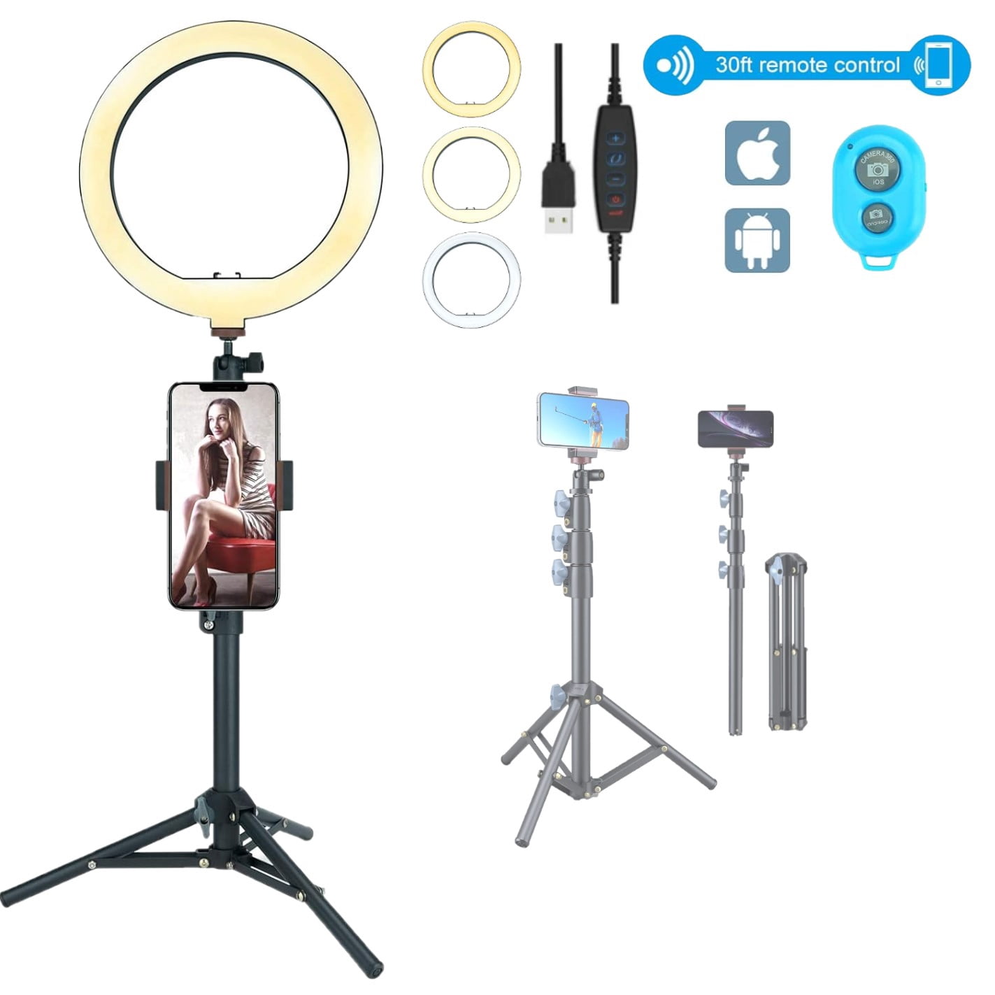 LINCO Dimmable 10in Ring Light Heavy Duty Selfie Stick Tripod Bluetooth Remote 60" for Live Streaming YouTube Video Photography