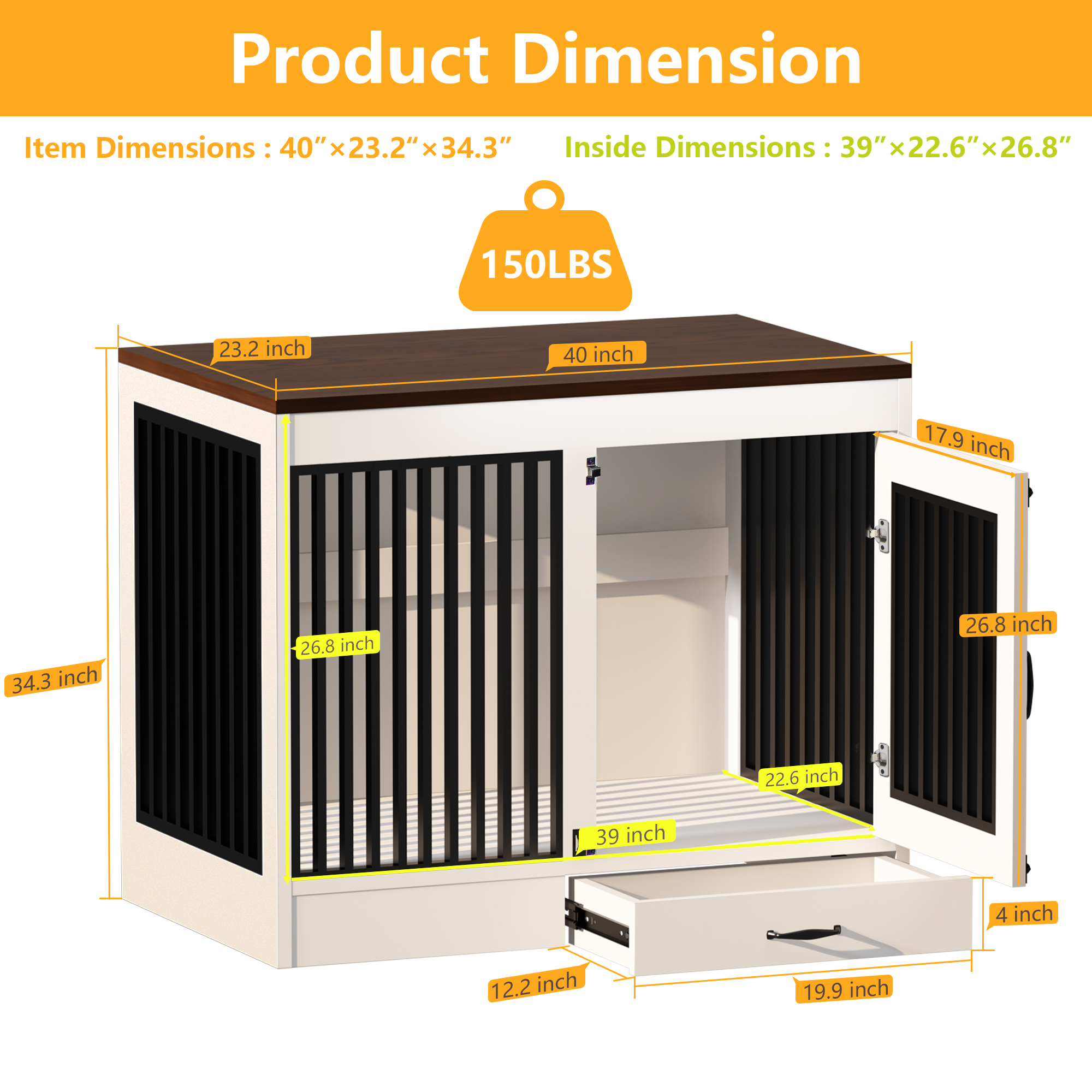 yookare White Pet Home, Heavy Duty Furniture Dog Crate, End Table with Pull-Out Drawer, Large