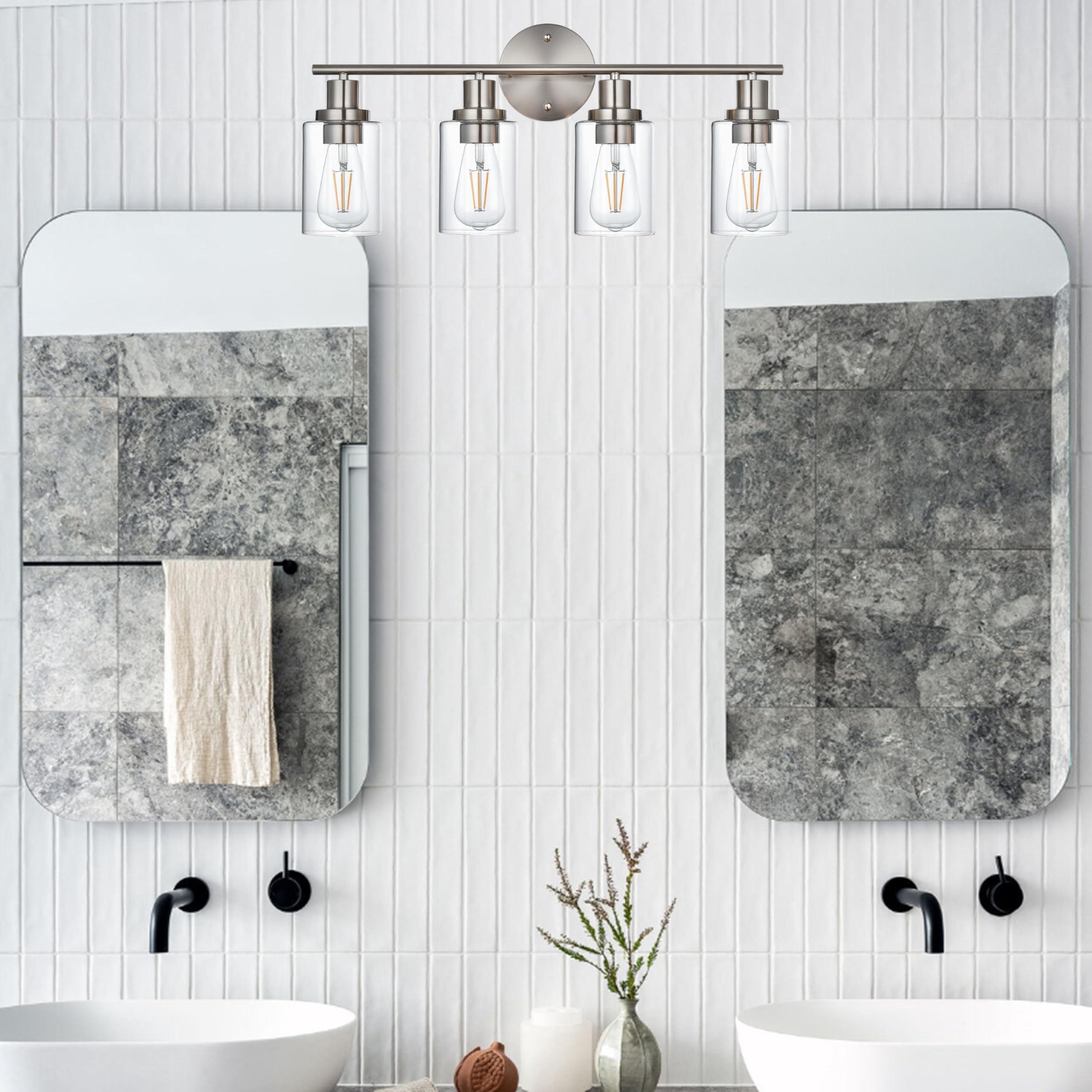 Melucee 4-light Vanity Light with Round Plate – Brushed Nickel Modern Bathroom Light Fixture, Dimmable Wall Sconce for Mirror, Bedroom, Makeup Area