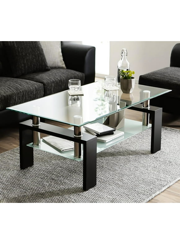 Glass Coffee Table with Lower Shelf, Clear Rectangle Glass Coffee Table, Modern Coffee Table with Metal Legs, Rectangle Center Table Sofa Table Home Furniture for Living Room, L5509