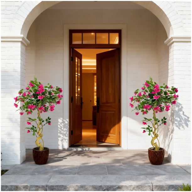 4 ft artificial bougainvillea tree con faux rosa silk flowers in blanca planter - a grande decorative fake plant para home, oficina, house y garden