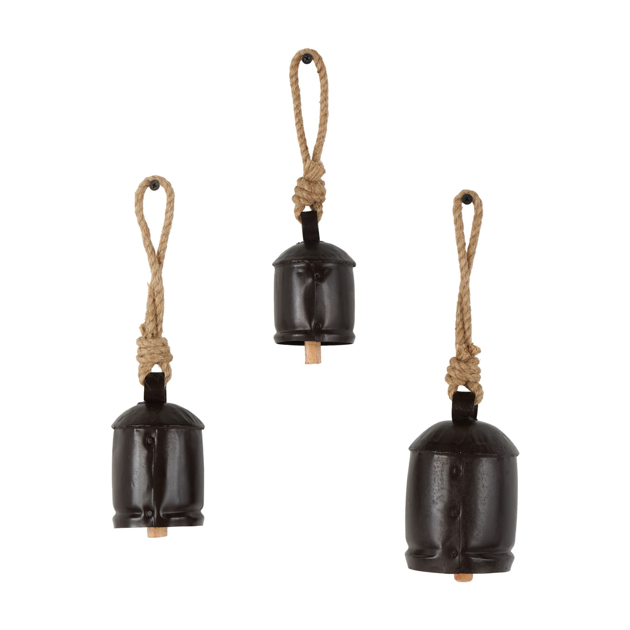 DecMode Tibetan Inspired Dark Brown Metal Cylindrical Decorative Cow Bells with Jute Hanging Rope, 3 Count