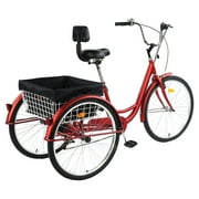TUOKE Versatile 26-Inch 3-Wheel Adult Tricycle with 7-Speed Transmission and storage Basket for Ultimate Convenience and Utility (RED)