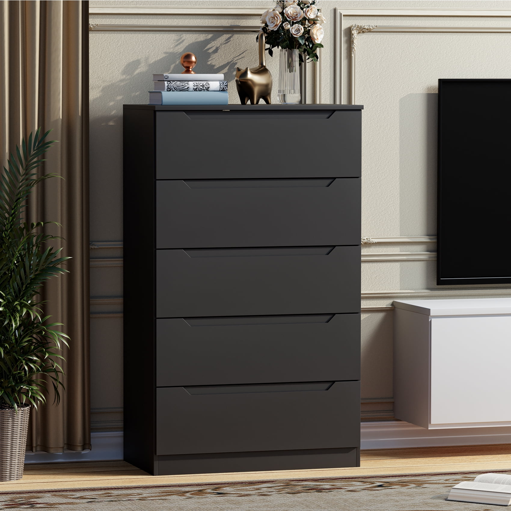 Winkalon Vertical 5 Drawer Dresser, Wood Storage Cabinet with Upgraded Stable Base for Bedroom Living Room, Black