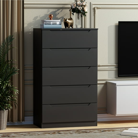 Winkalon Vertical 5 Drawer Dresser, Wood Storage Cabinet with Upgraded Stable Base for Bedroom Living Room, Black